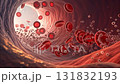 Red blood cells flow through human artery and blood vessel surrounded by plasma and oxygen molecules detailed 3D medical illustration showing healthy circulation, oxygen transport, and vibrant 131832193