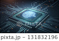 Cyber security technology concept with glowing microchip and digital brain symbol futuristic circuit board, representing artificial intelligence and data protection innovation modern computing systems 131832196