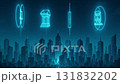 Cyber security law and government protection illustrated with glowing justice icons, AI technology, and digital courthouse above futuristic city skyline at night, symbolizing modern cityscape security 131832202