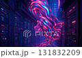 Cyber security concept with vibrant abstract neon data stream and glowing digital wave flowing through futuristic server room, symbolizing data protection, technology, and secure network defense 131832209