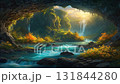View from the cave entrance of the waterfalls in the forest with turquoise stream and colorful flowers at sunset.  131844280