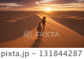 An old bedouin man and a camel walking on the sune in a desert at sunset. 131844287