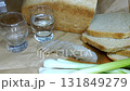 traditional vodka snack: lard, rye bread and fresh onions. russian drinking culture. simple food for small groups 131849279