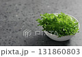 Handheld slow motion of frisee leaves in white bowl on terrazzo surface 131860803
