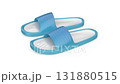 Pair of blue rubber slides on white background 131880515