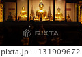 Golden Buddha statues illuminated at night inside a Thai temple, symbolizing peace, faith, and spiritual devotion in Buddhism and Thai culture. 131909672
