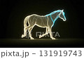 Neon glowing horse walking, abstract digital animal in motion, futuristic light lines illustration, cyber style animation 131919743