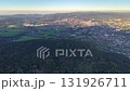 This is a stunning aerial view that beautifully showcases lush green fields alongside a vibrant urban landscape 131926711