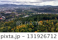 An aerial view above presents a vibrant forest area beside a vast cityscape all under a beautifully cloudy sky 131926712