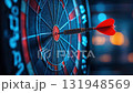 A vibrant close-up of a dart hitting the bullseye on a dartboard in a dimly lit setting with blue bokeh lights. 131948569