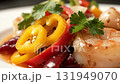 A mouth-watering, extreme close-up shot of a beautifully presented Peruvian-style seafood dish, likely a vibrant ceviche or a saute, showcasing the fresh, colourful ingredients 131949070