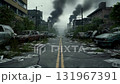 Tracking shot moving forward through a desolate post-apocalyptic city street with abandoned cars and smoke 131967391