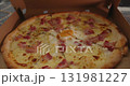 Open pizza box with delicious Italian pizza ready to serve. Perfect party food for sharing with friends and enjoying great moments together. Tasty Italian pizza in an open box. 131981227