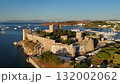 Aerial view of Bodrum Castle on the Aegean coast of Turkey, surrounded by yachts and blue sea under clear sky at golden hour. Historic fortress and marina in Bodrum. 132002062