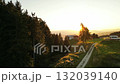 scenic dirt path toward mountain hamlet, pinus canopy filters sunlight over rustic mountain lodges 132039140