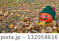 Thanksgiving and Halloween Pumpkin face Mexican mustache in a Green Beanie Hat 132058616