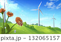 Anime Style Wind Turbines in Green Field with Orange Flowers - Eco Animation 132065157