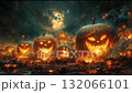 Halloween night in a pumpkin patch with glowing faces and a full moon overhead 132066101