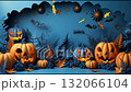 Halloween decorations showcase colorful pumpkins and bats on a vibrant blue background 132066104