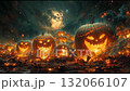 Halloween night with glowing pumpkins in a spooky landscape filled with smoke and shadows 132066107