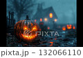 Spooky Halloween night with glowing pumpkins and rain in a mysterious atmosphere 132066110