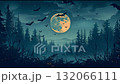 Haunting night with a bright moon and bats hovering over a dark forest landscape 132066111