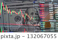 Dynamic. Financial market crash, stock decline. Falling Red Green candlestick chart with US dollar bills in the background. Economic crisis, inflation, market volatility, global financial instability. 132067055