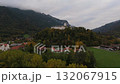 Aerial drone shot of Hohenaschau Castle in autumn mist. Drohnenvideo, Schloss Hohenaschau, Kampenwand, Chiemgauer Alpen, Nebelwald.  132067915