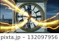 An animated clock face with rapidly spinning hands in a time-lapse. A streak of golden light strikes the center causing it to glow. The concept of time, the future, and energy 132097956