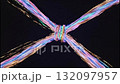 Abstract animation of colorful light trails forming a geometric pattern. Shiny threads create a complex spirograph shape against a black background. Futuristic motion graphics concept 132097957