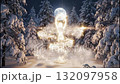 Magical transformation of a spirit in a snowy winter forest at night. A glowing energy figure forms under a full moon with falling snowflakes. Fantasy Christmas holiday animation 132097958