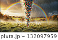 Colorful gems and jewels falling from a rainbow in a fantasy landscape. A cascade of treasure raining down onto a green field. Wealth and abundance concept 132097959