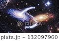 Two spiral galaxies colliding and merging in space. Animation of a galactic interaction with gravitational tidal tails. A cosmic astronomy and science concept 132097960