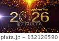 2026 Happy New Year golden text shine light effect with glow flare light on top center and glow snowflaks particles flow on cinematic title on black abstract background 132126590