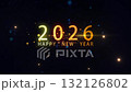 2026 Happy New Year golden text shine light effect with glow bokeh particles and glow blue snowflakes cinematic title flow on black abstract background 132126802