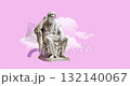 White marble statue of a pensive ancient greek philosopher sits on a pedestal, a hand on his head, with a blank cartoon speech bubble next to him, against a pink background with white clouds 132140067