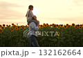 Father and daughter in sunflower field at sunset, happy family in summer, dad carrying child on shoulders, sunny day in nature, enjoying time together outdoors, bonding in the countryside, beautiful 132162664
