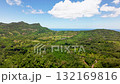 Aerial View of Tropical Island Mountain Range with Ocean Horizon 132169816