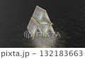 A fragile pyramid-shaped house of cards built with Nepal 10 Rupees notes, representing financial risk, instability, and economic uncertainty. 132183663
