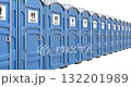 Camera moving along row of mobile portable blue plastic toilets, isolated on white background - 3D animation seamlessly loopable 132201989