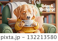 Animated golden retriever dog relaxing in a cozy armchair. Cute pet wearing a sweater and drinking a warm cup of tea. Relax and recharge self-care concept 132213580