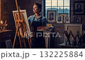A Focused Artist Captures Inspiration in a Vintage Studio Filled with Art Supplies and Historical Portraits, Merging Light and Shadow for Creative Expression. 132225884