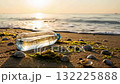 A discarded water bottle rests on the sandy shore, surrounded by seaweed and shells, as the sun sets over the tranquil sea, highlighting issues of pollution and nature's beauty.. 132225888