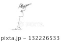 Animated self drawing of continuous line draw back view of active male shooting athlete aiming shotgun with intense focus and steady stance, wearing ear protection. Full length single line animation 132226533