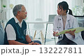 Young Asia female doctor with old man patient use clipboard for consulting, advice and medical expert on sofa in health clinic office. Help, appointment support in hospital for diagnosis, physician. 132227811