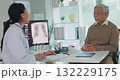 Young Asia female doctor with old man patient use clipboard for consulting, advice and medical expert at desk in health clinic office. Help, appointment support in hospital for diagnosis, physician. 132229175