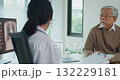 Young Asia female doctor with old man patient use clipboard for consulting, advice and medical expert at desk in health clinic office. Help, appointment support in hospital for diagnosis, physician. 132229181