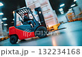 Motion blur of yellow forklift carrying pallets inside warehouse, symbolizing logistics, industry, and fast-paced production 132234168