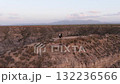 Aerial view of couple standing on desert canyon cliff edge 132236566