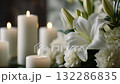 Elegant white chrysanthemums and candles - Background video for memorials and memorial services 132286835